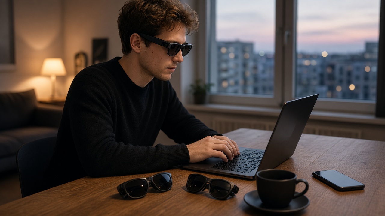 Person mit smarter Brille am Laptop, daneben weitere AR-Brillen auf dem Tisch
