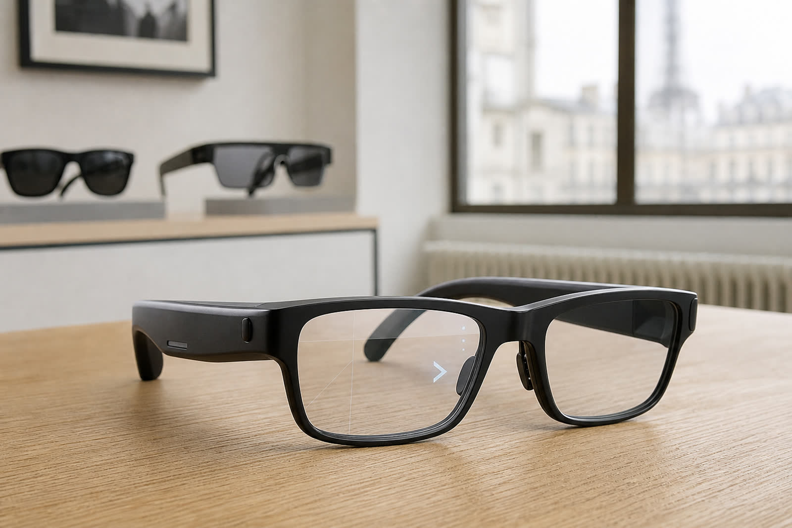 Unbranded AR-Brille mit dezentem HUD-Overlay auf einem Holztisch, im Hintergrund weitere Smart-Glasses-Modelle in einem hellen Showroom