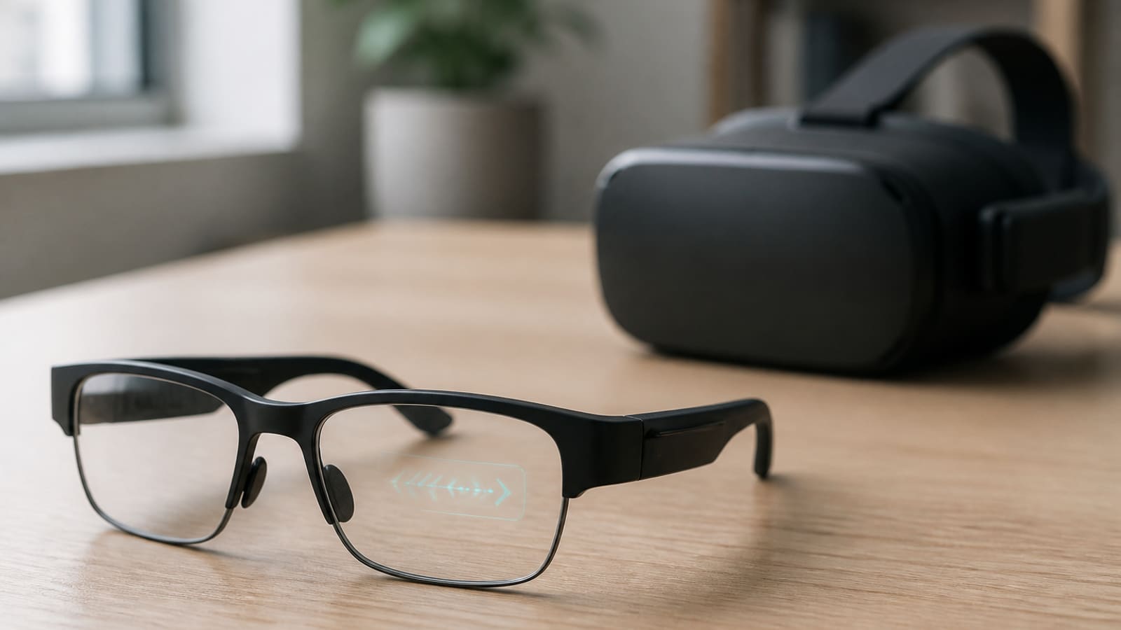 Leichte unbranded Smart Glasses mit dezentem HUD im Vordergrund, im Hintergrund ein größeres VR-Headset auf einem hellen Schreibtisch