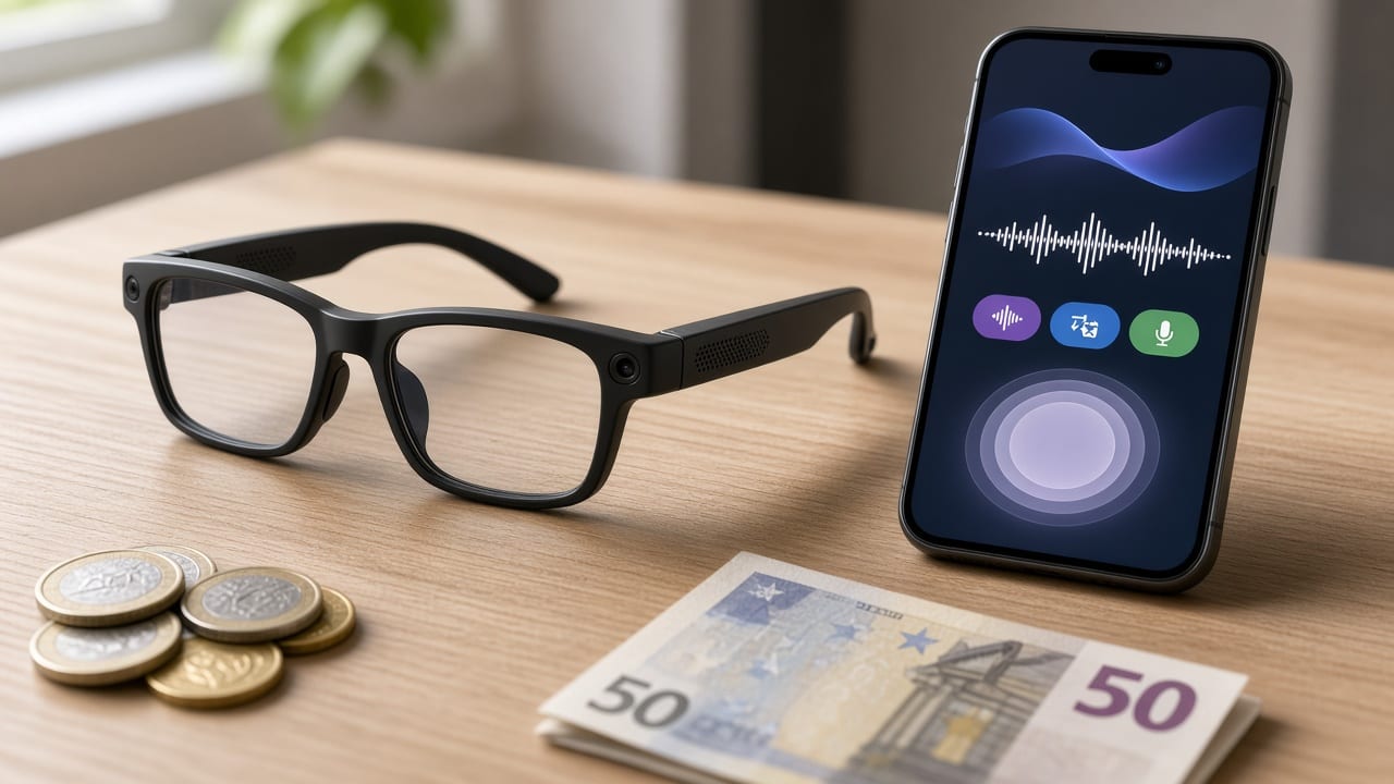 Schwarze Alltags-KI-Brille mit Kamera am Bügel neben Smartphone und Euro-Münzen auf einem Holztisch