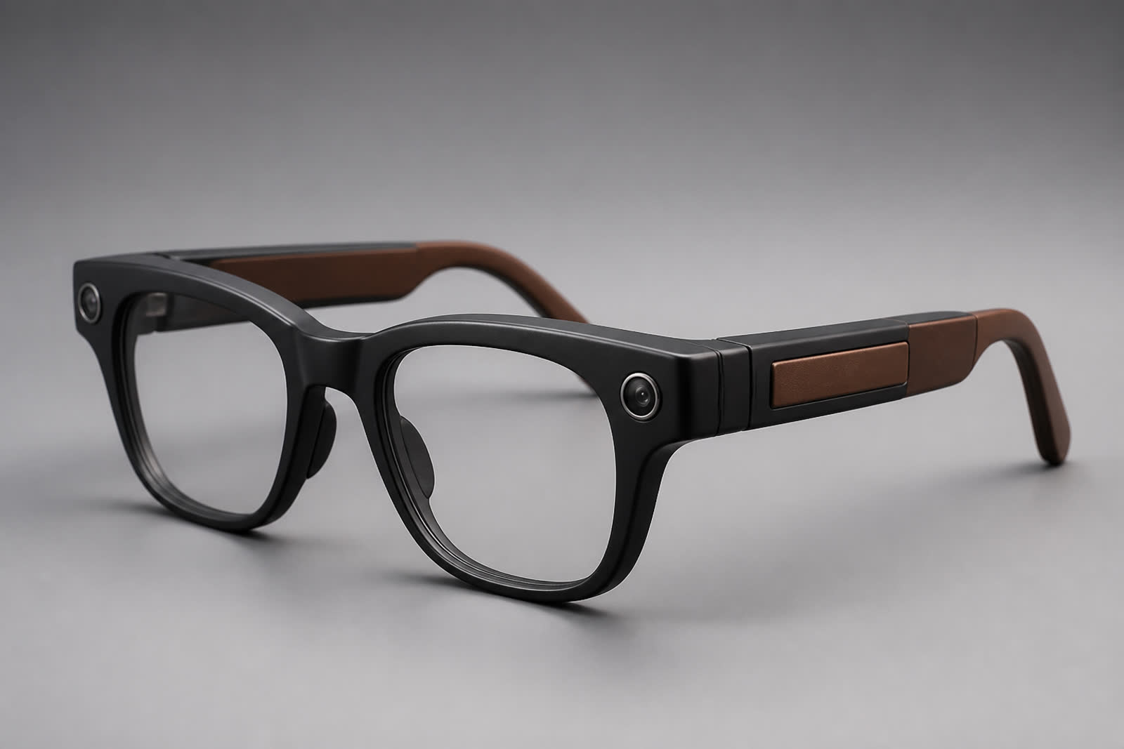 HTC Vive Eagle KI-Brille in Schwarz und Braun auf neutralem Hintergrund — schlanke Smart-Glasses mit Kamera am Bügel