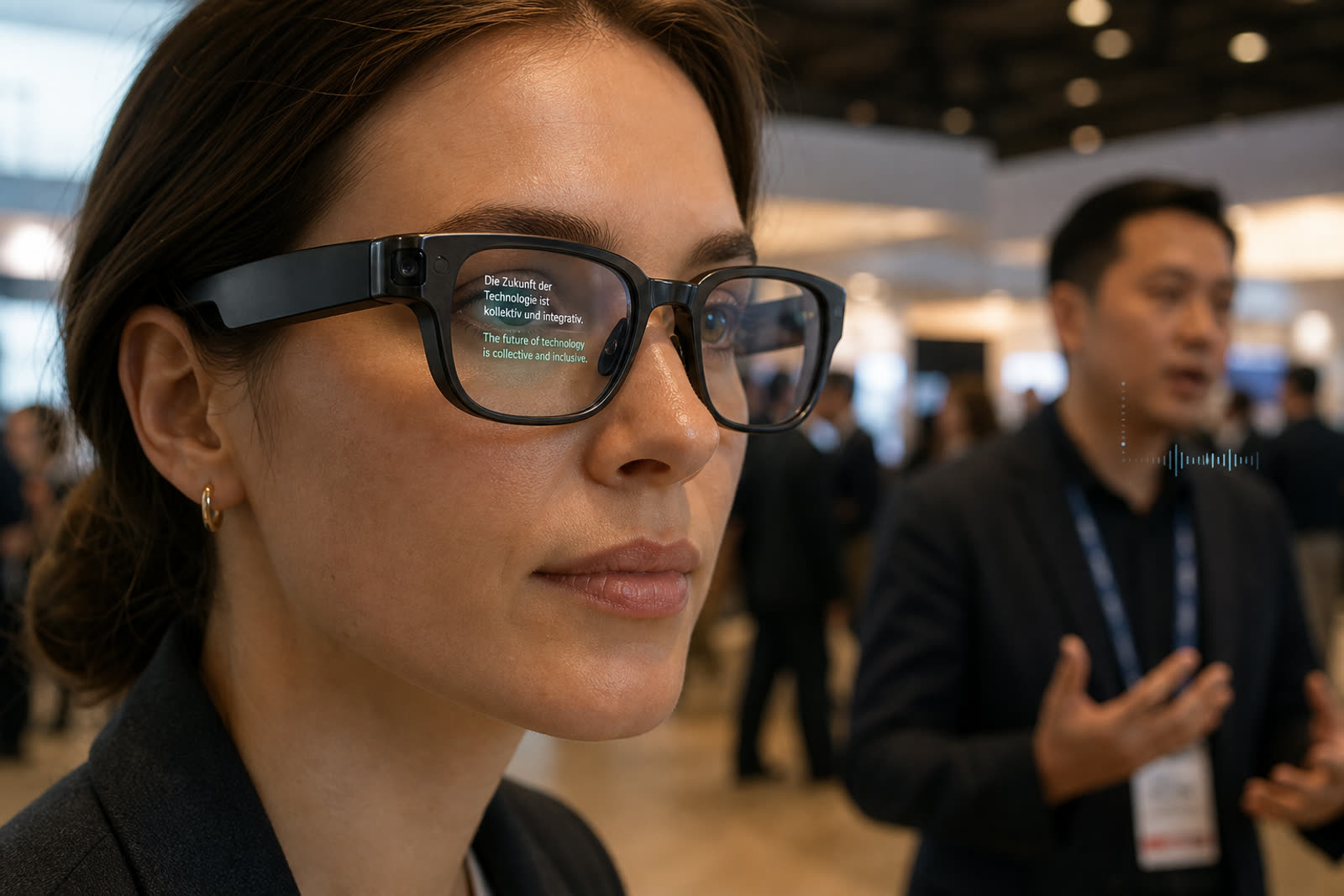 Unbranded KI-Smart-Brille mit dezenten Untertitel-Linien im Sichtfeld, Messe-Atmosphäre IFA Berlin