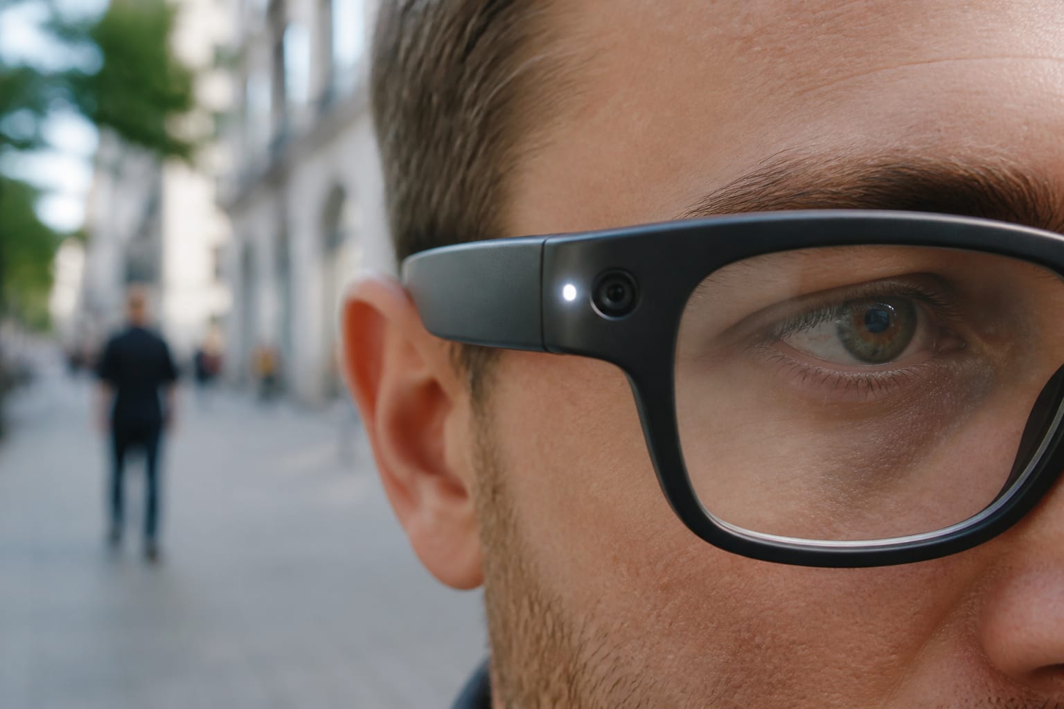 Nahaufnahme einer Smart-Brille mit leuchtender weißer Capture-LED am Rahmen — Symbol für sichtbare Aufnahme-Anzeige bei Kamera-Brillen