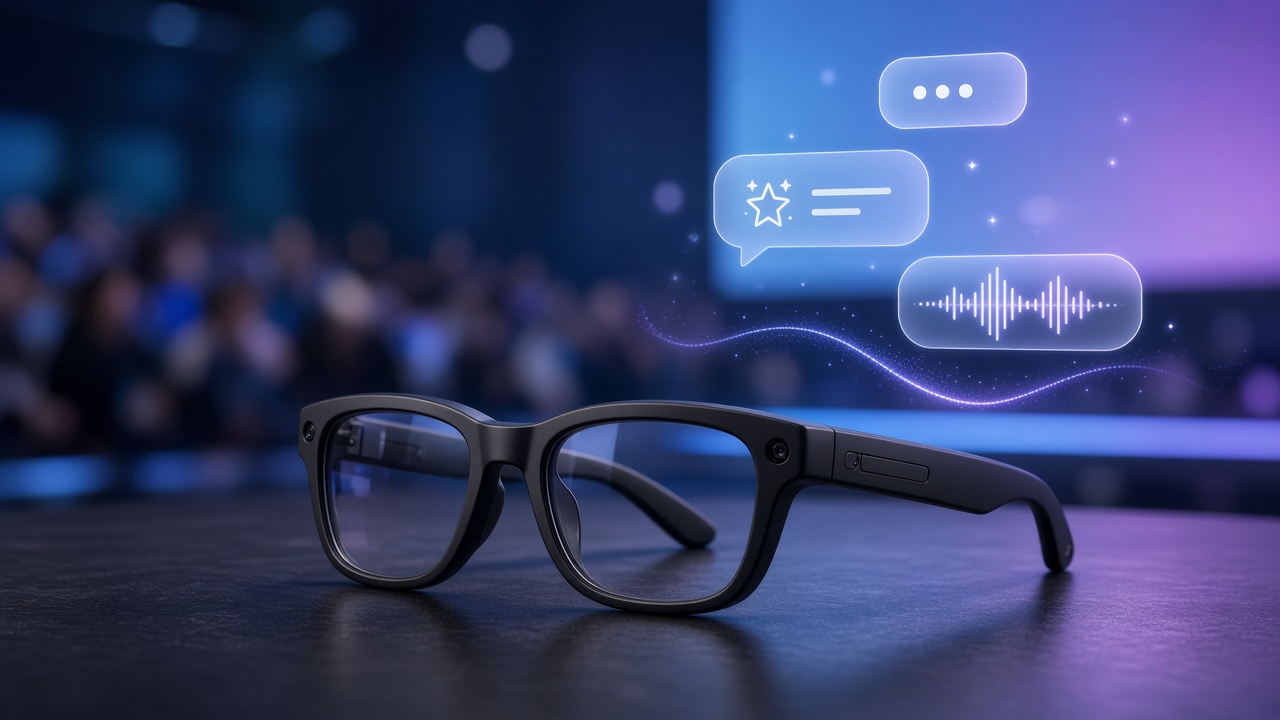 Smart Glasses vor blau-violetter Keynote-Bühne mit dezenten KI-Hologramm- Elementen, ultrarealistisches Tech-Motiv ohne Markenlogo