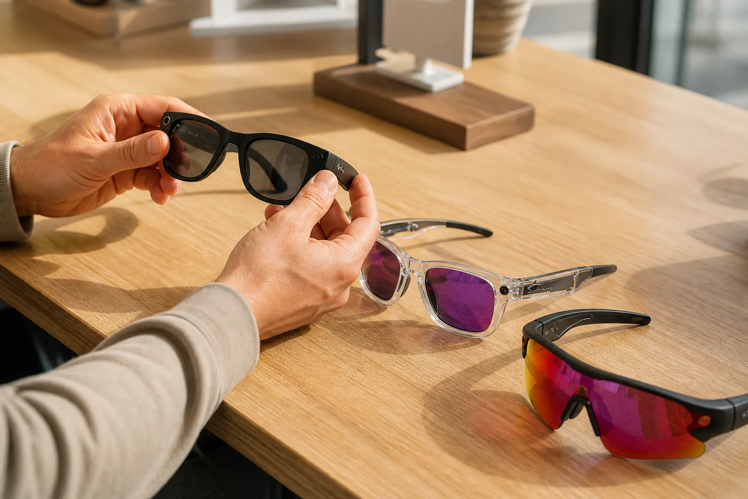 Drei Meta-KI-Brillen auf einem Tisch — Ray-Ban Wayfarer, Oakley HSTN und Vanguard, eine wird gerade in der Hand betrachtet
