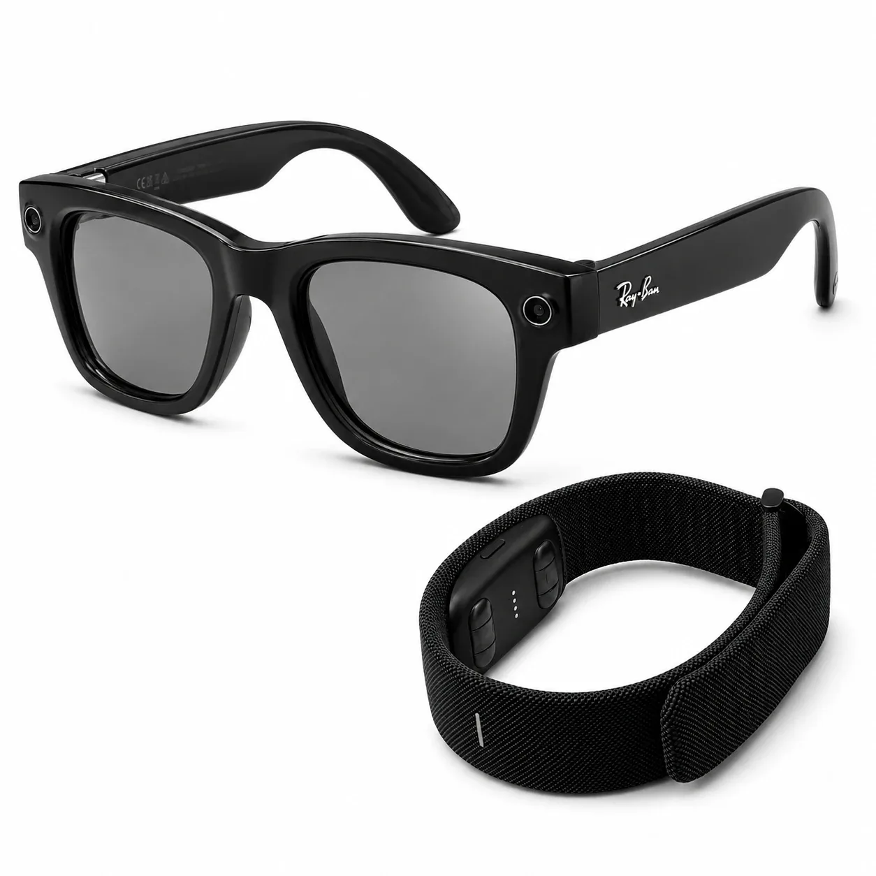 Meta Ray-Ban Display in Schwarz mit Transitions-Gläsern und Meta Neural Band auf weißem Hintergrund