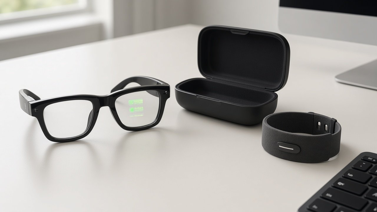 Schwarze Smart Glasses neben Textil-Armband und Ladeetui auf einem hellen Schreibtisch, schwacher grüner HUD-Schein im rechten Glas
