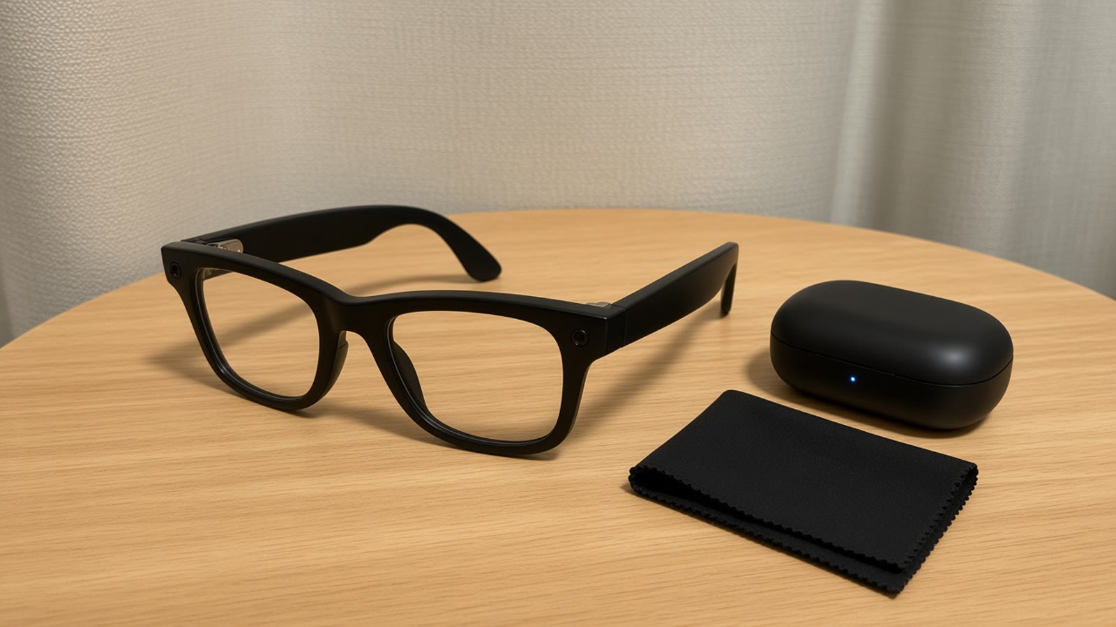 Ray-Ban Meta Gen 3 Wayfarer am ersten Testtag auf dem Tisch, daneben Ladeetui mit Status-LED und Brillenputztuch