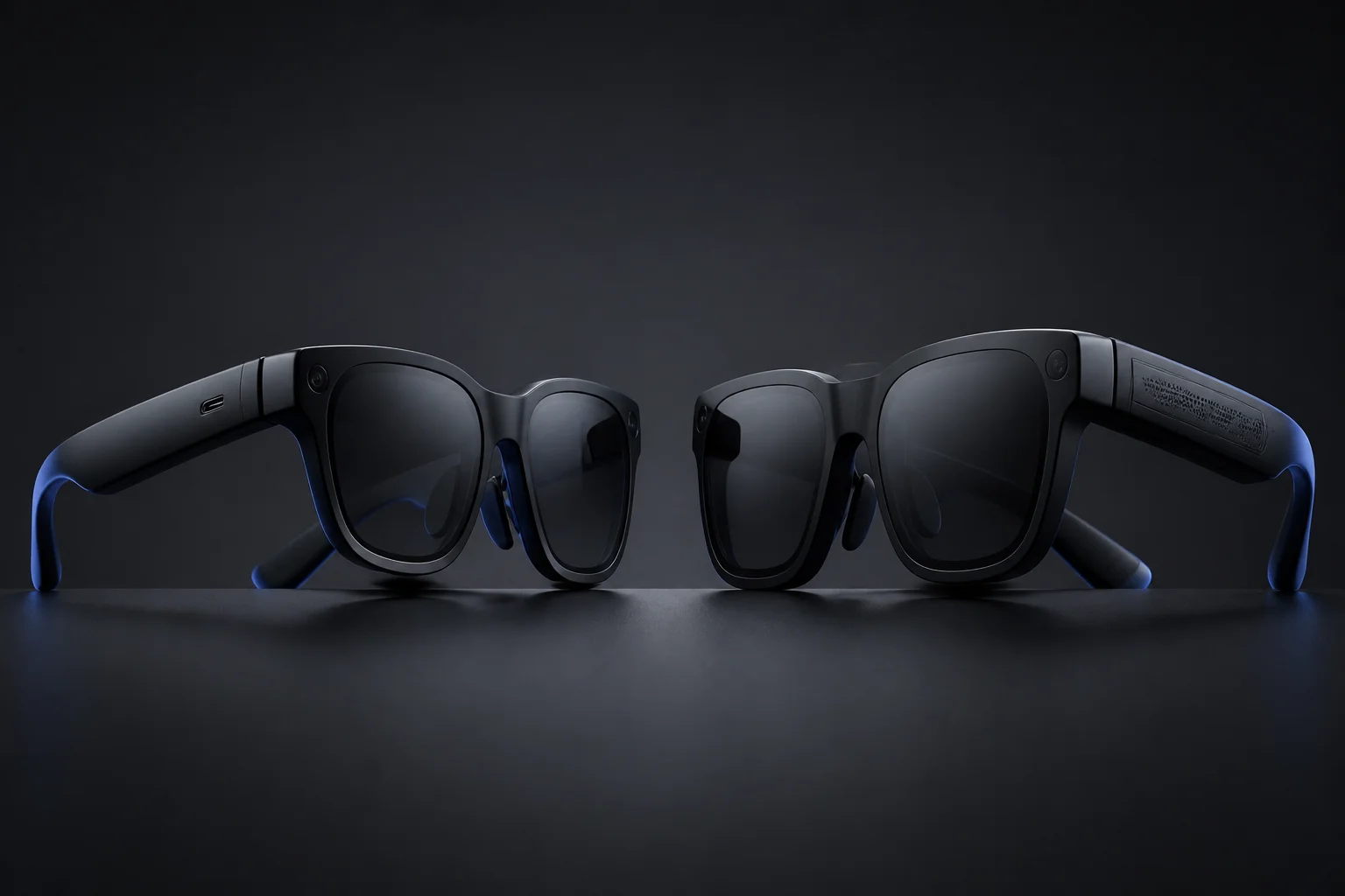 RayNeo GT und GT Max als Kino-AR-Brillen, beide Modelle im Profil einander zugewandt auf dunklem Hintergrund