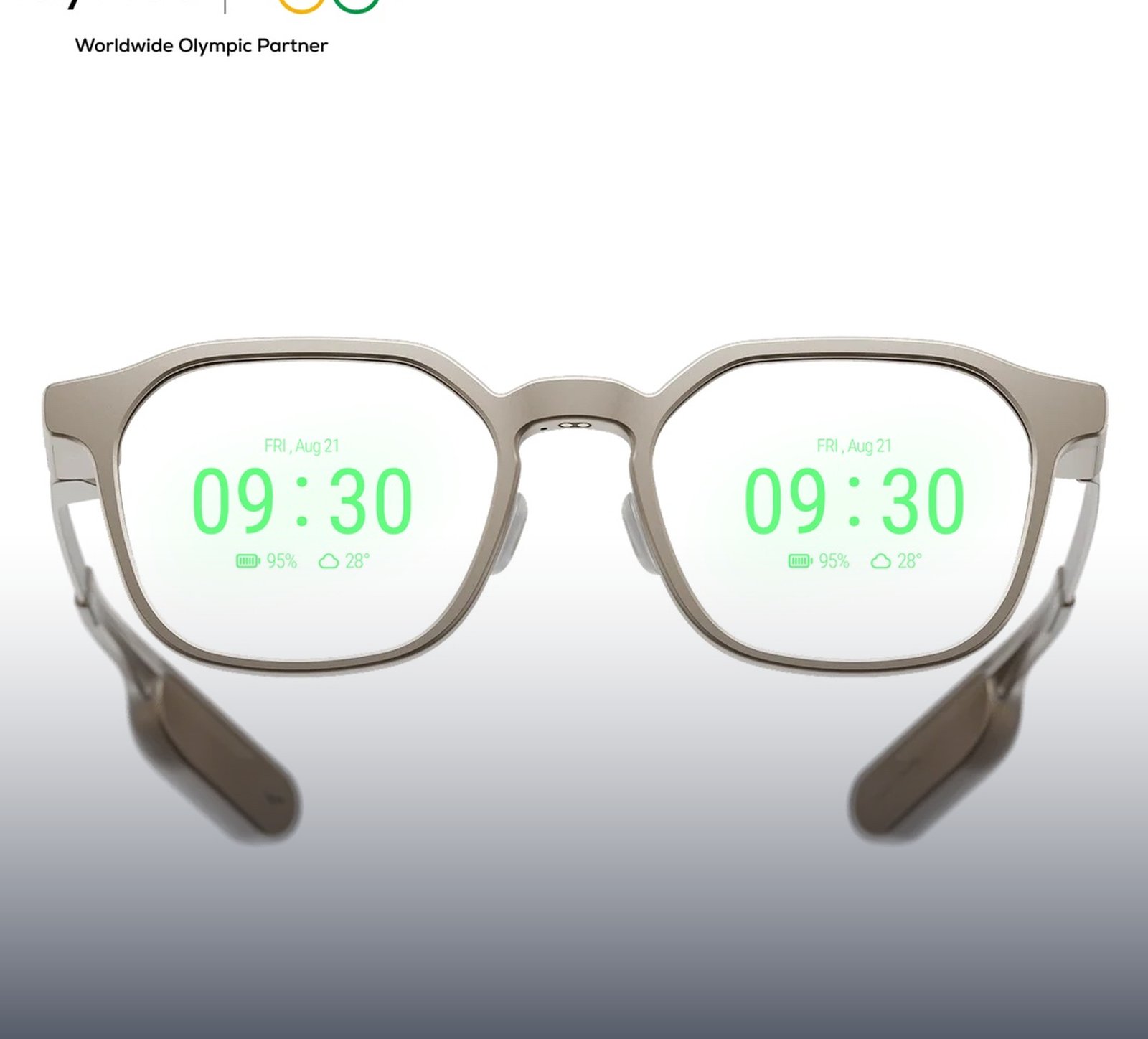 RayNeo iO Smart Glasses mit grünem HUD im Glas — Uhr, Datum und Wetter im Blickfeld