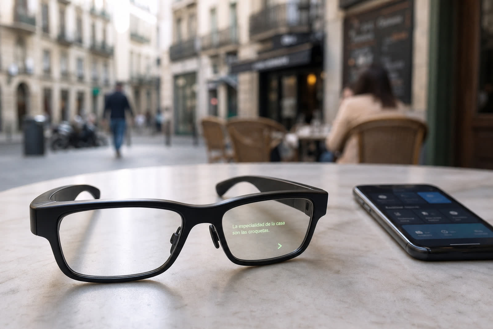 Unbranded Display-Smart-Glasses mit dezentem Übersetzungs-HUD auf einem Café-Tisch, daneben ein Smartphone mit Begleit-App