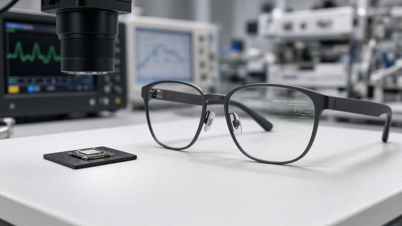 Prototyp einer Smart Glasses mit Microdisplay auf einem Labor-Tisch neben einem winzigen Display-Modul