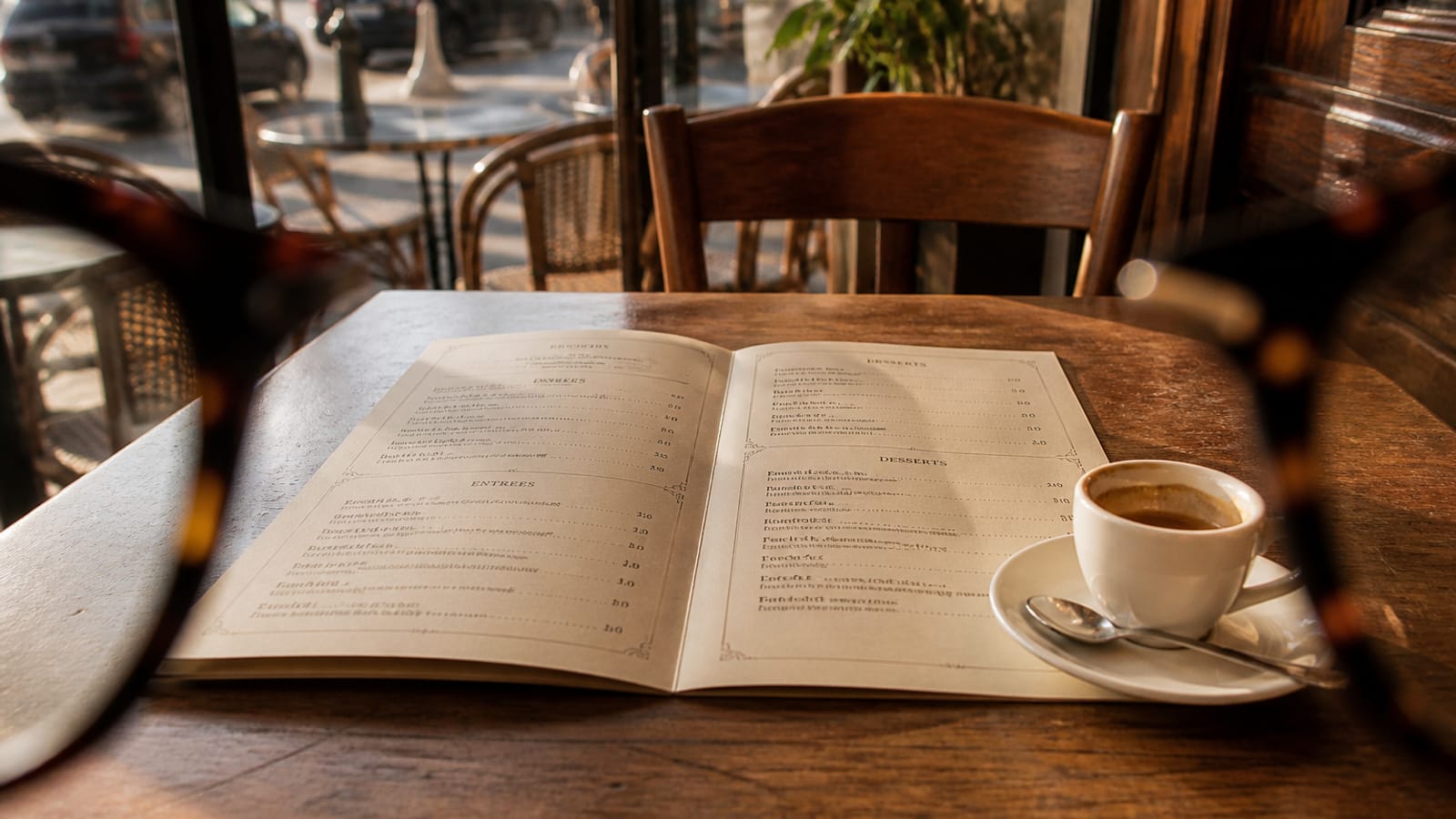 Unbranded Smart Glasses auf einem Café-Tisch neben einer offenen Speisekarte im Tageslicht