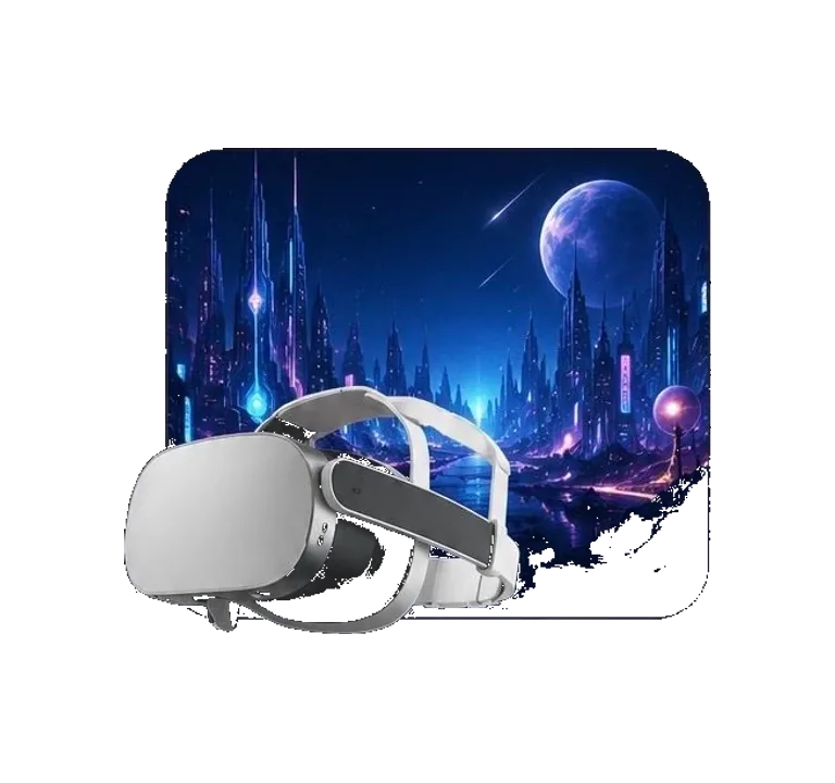 VR-Brille Meta Quest vor futuristischer Spielewelt