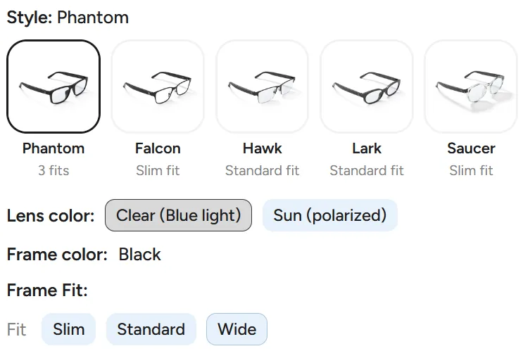 Lucyd-Aero-Shop: Phantom, Falcon, Hawk, Lark und Saucer mit Fit, Glasfarbe und Rahmenfarbe