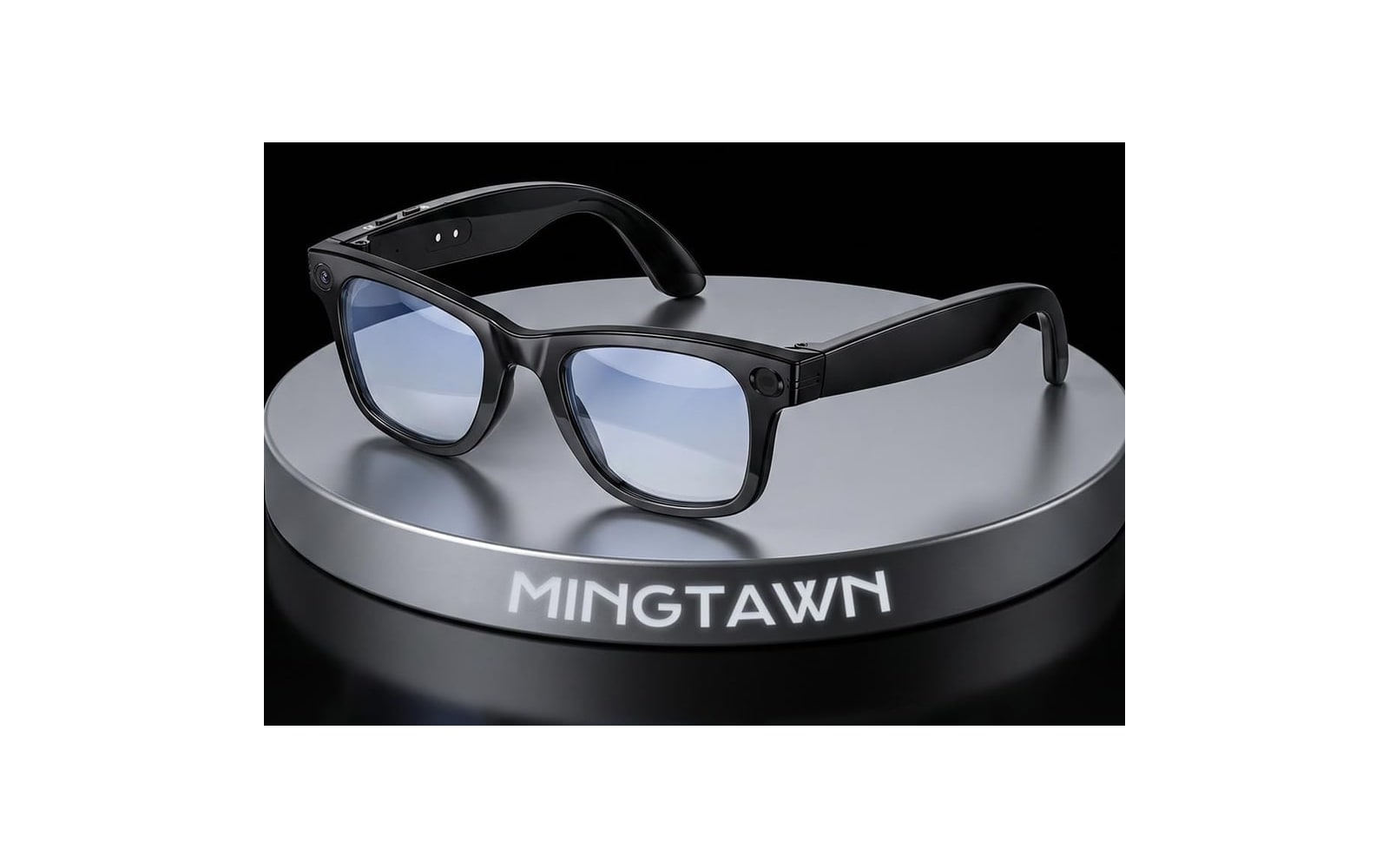 Mingtawn Smart Glasses — schwarze KI-Kamerabrille auf Produktsockel