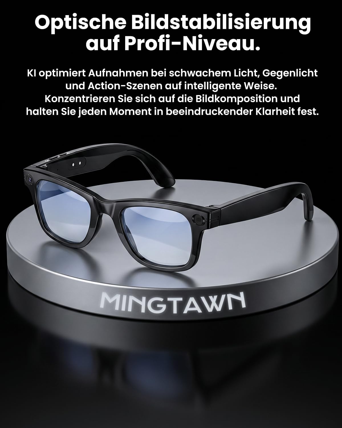 Mingtawn Smart Glasses — schwarze KI-Kamerabrille im Studio auf Podest