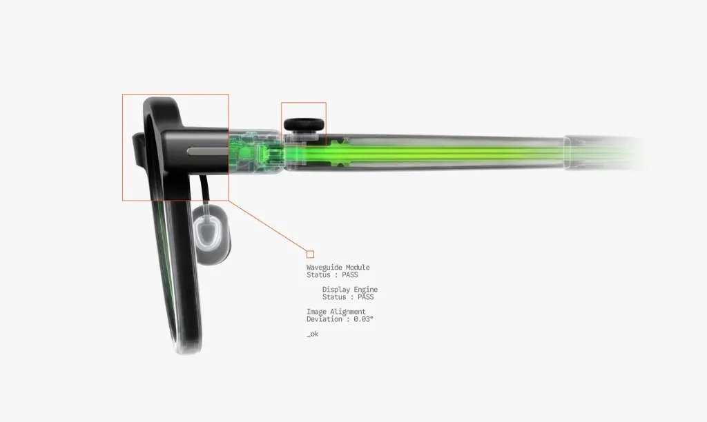 RayNeo iO im Seitenprofil — Smart Crown, Waveguide-Modul und Display Engine im Bügel