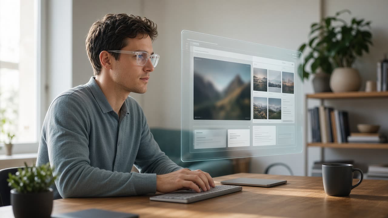 Person mit AR-Brille am Schreibtisch, davor ein schwebender virtueller Monitor