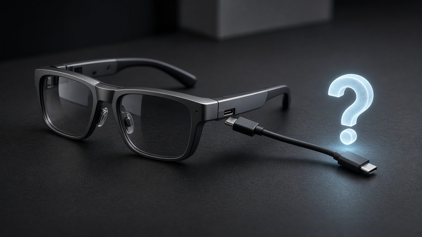 USB-C-Displaybrille mit eingestecktem Kabel. Am freien USB-C-Ende schwebt ein Fragezeichen.