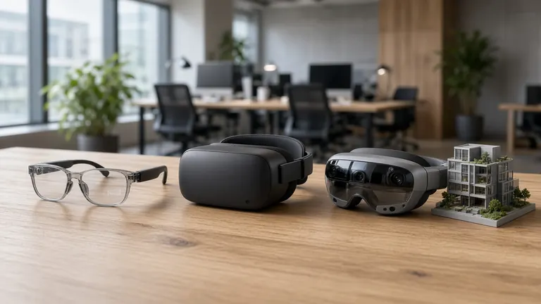 Büro-Schreibtisch mit drei XR-Geräten: transparente AR-Brille, geschlossenes VR-Headset und Mixed-Reality-Headset neben einem räumlichen Gebäudemodell.